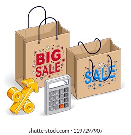 Shopping bag with calculator and percent symbol, big sale, sellout, retail, Black Friday discount, eco paper bag isolated on white background. Vector 3d isometric illustration, thin line design.