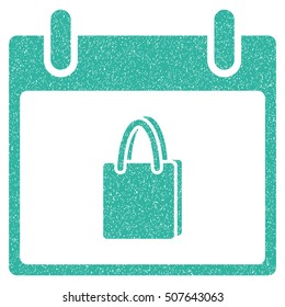 Shopping Bag Calendar Day grainy textured icon for overlay watermark stamps. Flat symbol with scratched texture. Dotted vector cyan ink rubber seal stamp with grunge design on a white background.