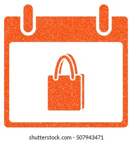 Shopping Bag Calendar Day grainy textured icon for overlay watermark stamps. Flat symbol with scratched texture. Dotted vector orange ink rubber seal stamp with grunge design on a white background.