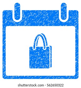 Shopping Bag Calendar Day grainy textured icon for overlay watermark stamps. Flat symbol with dirty texture. Dotted vector blue ink rubber seal stamp with grunge design on a white background.