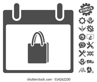 Shopping Bag Calendar Day icon with bonus options pictures. Vector illustration style is flat iconic symbols, gray, white background.