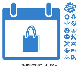 Shopping Bag Calendar Day icon with bonus setup tools clip art. Vector illustration style is flat iconic symbols, cobalt, white background.