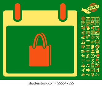 Shopping Bag Calendar Day icon with bonus calendar and time management graphic icons. Vector illustration style is flat iconic symbols, orange and yellow, green background.