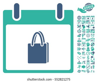 Shopping Bag Calendar Day pictograph with bonus calendar and time management icon set. Vector illustration style is flat iconic symbols, cobalt and cyan, white background.