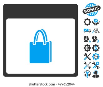 Shopping Bag Calendar Page icon with bonus service symbols. Vector illustration style is flat iconic symbols, blue and gray, white background.