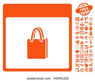 Shopping Bag Calendar Page icon with bonus calendar and time management design elements. Vector illustration style is flat iconic symbols, orange, white background.