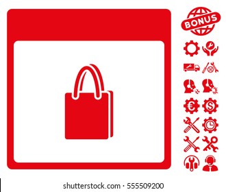 Shopping Bag Calendar Page icon with bonus setup tools pictograph collection. Vector illustration style is flat iconic symbols, red, white background.