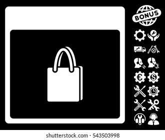 Shopping Bag Calendar Page pictograph with bonus options images. Vector illustration style is flat iconic symbols, white, black background.