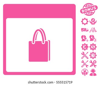 Shopping Bag Calendar Page pictograph with bonus setup tools pictograph collection. Vector illustration style is flat iconic symbols, pink, white background.