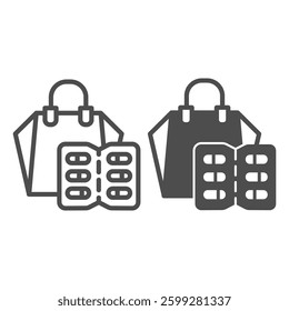 Shopping bag with capsules pack line and solid icon, pharmacy concept. Vector graphics. Paper bag and slab of capsules, medicine sign on white background, outline style icon for mobile or web design