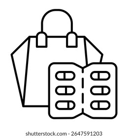 Shopping bag with capsules pack thin line icon, pharmacy concept. Vector graphics. Paper bag and slab of capsules, medicine sign on white background, style mobile or design
