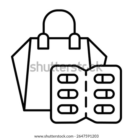 Shopping bag with capsules pack thin line icon, pharmacy concept. Vector graphics. Paper bag and slab of capsules, medicine sign on white background, style mobile or design