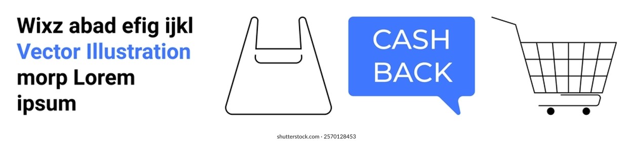 Shopping bag and cart with a cashback speech bubble promoting financial savings and rewards. Ideal for e-commerce, online shopping, financial tips, rewards programs, and retail promotions. Banner