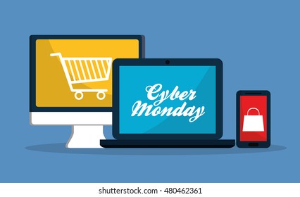 Shopping bag cart computer smartphone and laptop icon. Cyber Monday ecommerce and market theme. Colorful design. Vector illustration