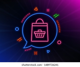 Shopping bag with cart line icon. Neon laser lights. Supermarket buying sign. Sale symbol. Glow laser speech bubble. Neon lights chat bubble. Banner badge with online buying icon. Vector