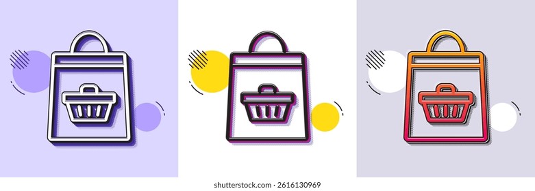 Shopping bag with cart line icon. Halftone dotted pattern. Gradient icon with grain shadow. Supermarket buying sign. Sale symbol. Line online buying icon. Various designs. Vector