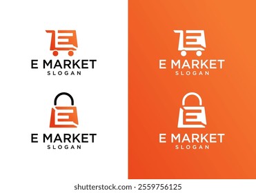 Shopping Bag And Shopping Cart Logo Vector Letter E. Online Store Logo Design Letter E