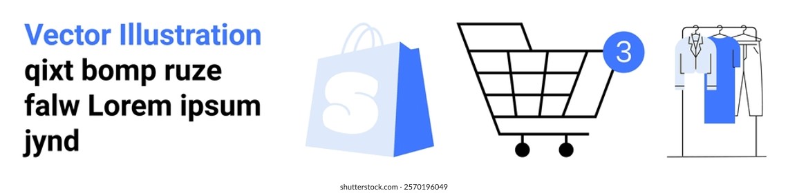 Shopping bag, cart with notification, and clothes rack on white background. Ideal for online shopping, retail, e-commerce, purchases, digital marketing. Landing page