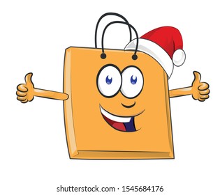 
 Shopping bag cartoon character mascot with christmas hat. giving a thumbs up