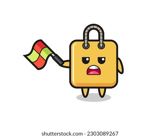 shopping bag cartoon as the line judge hold the flag up at a 45 degree angle , cute style design for t shirt, sticker, logo element