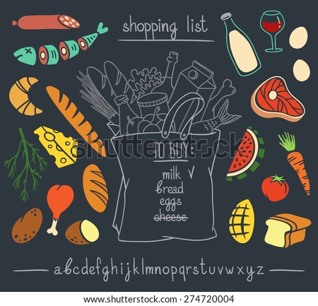 Shopping bag chalkboard hand drawn sketch with set of colorful cartoon style food stickers and hand written font. Vector illustration isolated over black background.