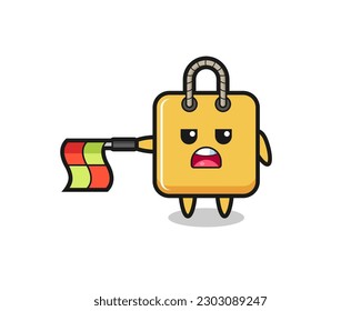 shopping bag character as line judge hold the flag straight horizontally , cute style design for t shirt, sticker, logo element