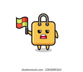 shopping bag character as line judge putting the flag up , cute style design for t shirt, sticker, logo element