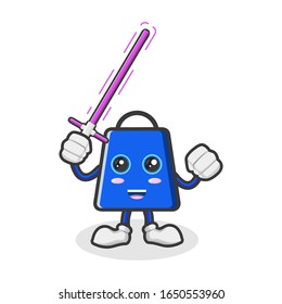 shopping bag character mascot raised hand holding a purple sword in the right hand vector illustration