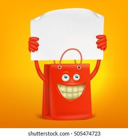 shopping bag character with paper banner. Vector concept card