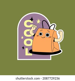 Shopping bag character sticker. Comic or cartoon funny mascot in strong hands gesture. Trendy vector illustration.