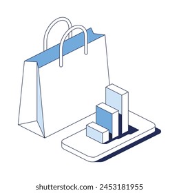 Shopping bag charts on screen mobile phone. Vector 3d line isometric, color web icons, new flat style. Creative design idea for infographics.