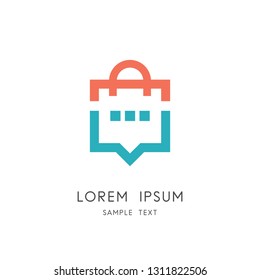 Shopping bag and chat logo - package or packet and message symbol. Sales technology or management, conversation, communication and discussion vector icon.