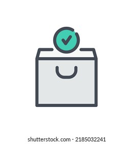 Shopping bag with check mark in circle color line icon. Purchase confirmation vector outline colorful sign.