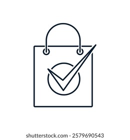 Shopping bag, check mark. Concept successful purchase. Vector linear icon isolated on white background.