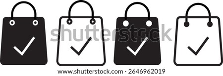 Shopping Bag Check Mark Icon set.purchase success symbol, representing order completion, success,Symbol isolated white background vactor,
