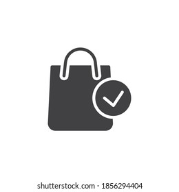 Shopping bag and check mark vector icon. filled flat sign for mobile concept and web design. Completed order glyph icon. Symbol, logo illustration. Vector graphics