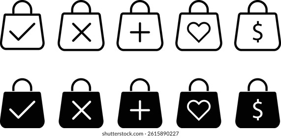 Shopping bag with checkmark, cross mark, heart, plus, dollar icons. paper bags sign. Bag symbol
