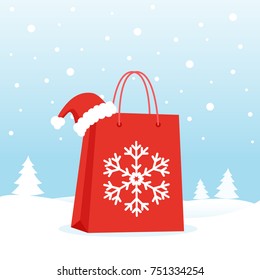 Shopping bag with christmas hat on the snow. Vector illustration