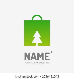 Shopping bag and christmas tree. Vector logo design. Business concept icon.
