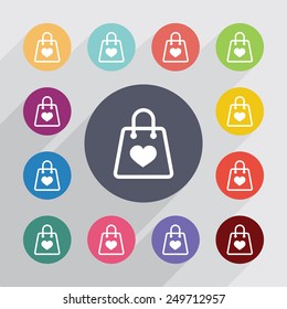 shopping bag circle, flat icons set. Round colorful buttons 