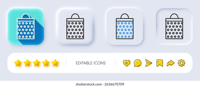 Shopping bag with circles line icon. Neumorphic, Flat shadow, 3d buttons. Present or Sale sign. Birthday Shopping symbol. Package in Gift Wrap. Line shopping bag icon. Social media icons. Vector