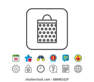 Shopping bag with circles line icon. Present or Sale sign. Birthday Shopping symbol. Package in Gift Wrap. Calendar, Globe and Chat line signs. Binoculars, Award and Download icons. Editable stroke