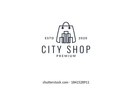 shopping bag with city line outline  logo vector icon illustration
