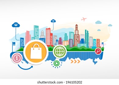 Shopping bag and cityscape background with different icon and elements. 