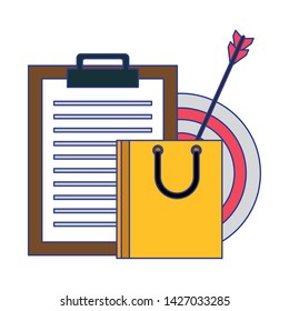 Shopping bag and clipboard with target symbols vector illustration graphic design