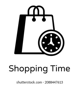 Shopping bag with clock, concept of shopping time icon