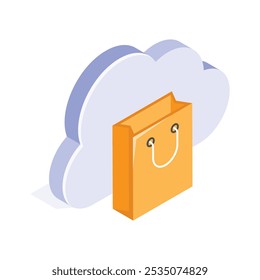 A shopping bag with cloud representing online shopping or cloud retail isometric vector