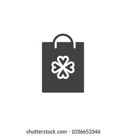 Shopping bag with clover vector icon. filled flat sign for mobile concept and web design. Patrick's day shopping bag simple solid icon. Symbol, logo illustration. Pixel perfect vector graphics