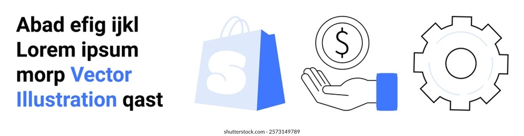 A shopping bag, a coin in a hand, and a gear wheel. Ideal for online shopping, financial transactions, technological innovation, e-commerce solutions, business automation. Landing page