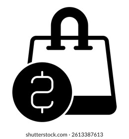 Shopping bag with coin solid icon, finance concept. Vector graphics. Money coin with customer packet sign on white background, glyph style mobile or design